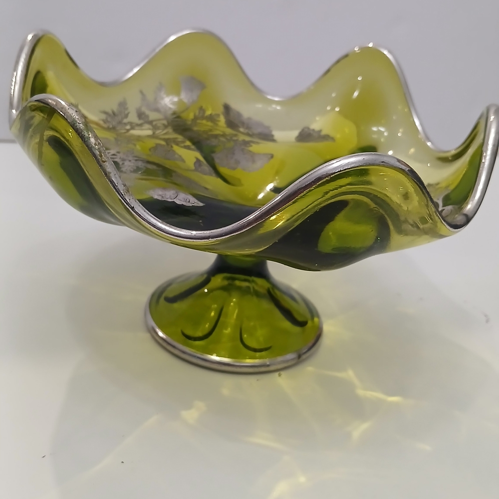 Unique Vintage Green Glass Art Bowl with Silver Trim